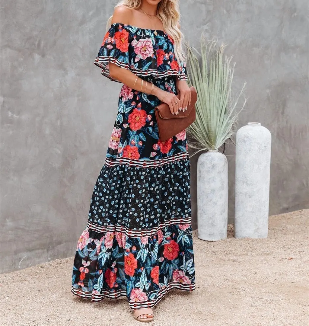 Womens Off Shoulder Boho Floral Maxi Dress 2025 Belted Cinched Waist A-line Dresses Summer Vacation Beach Outfits for Women