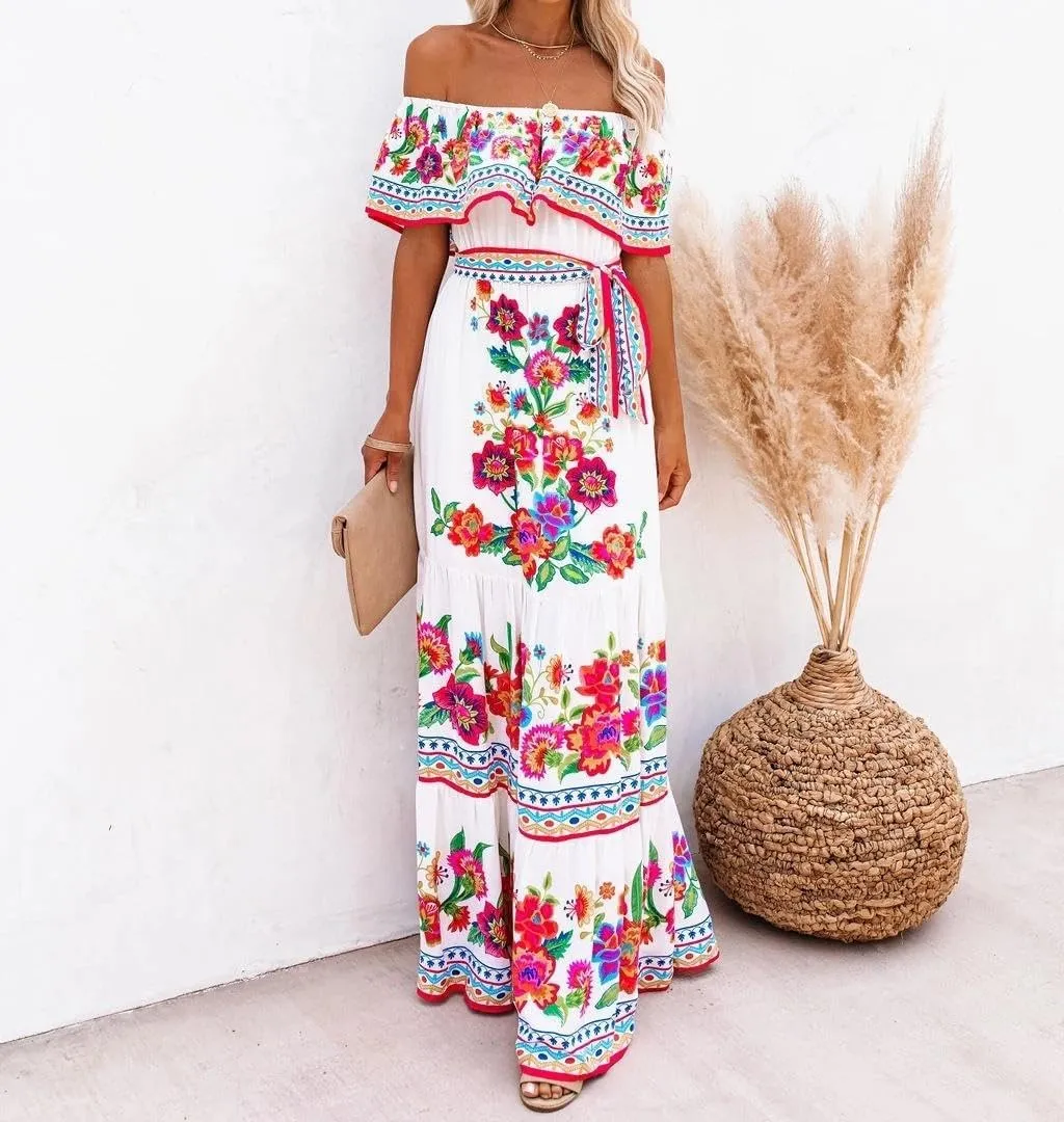 Womens Off Shoulder Boho Floral Maxi Dress 2025 Belted Cinched Waist A-line Dresses Summer Vacation Beach Outfits for Women