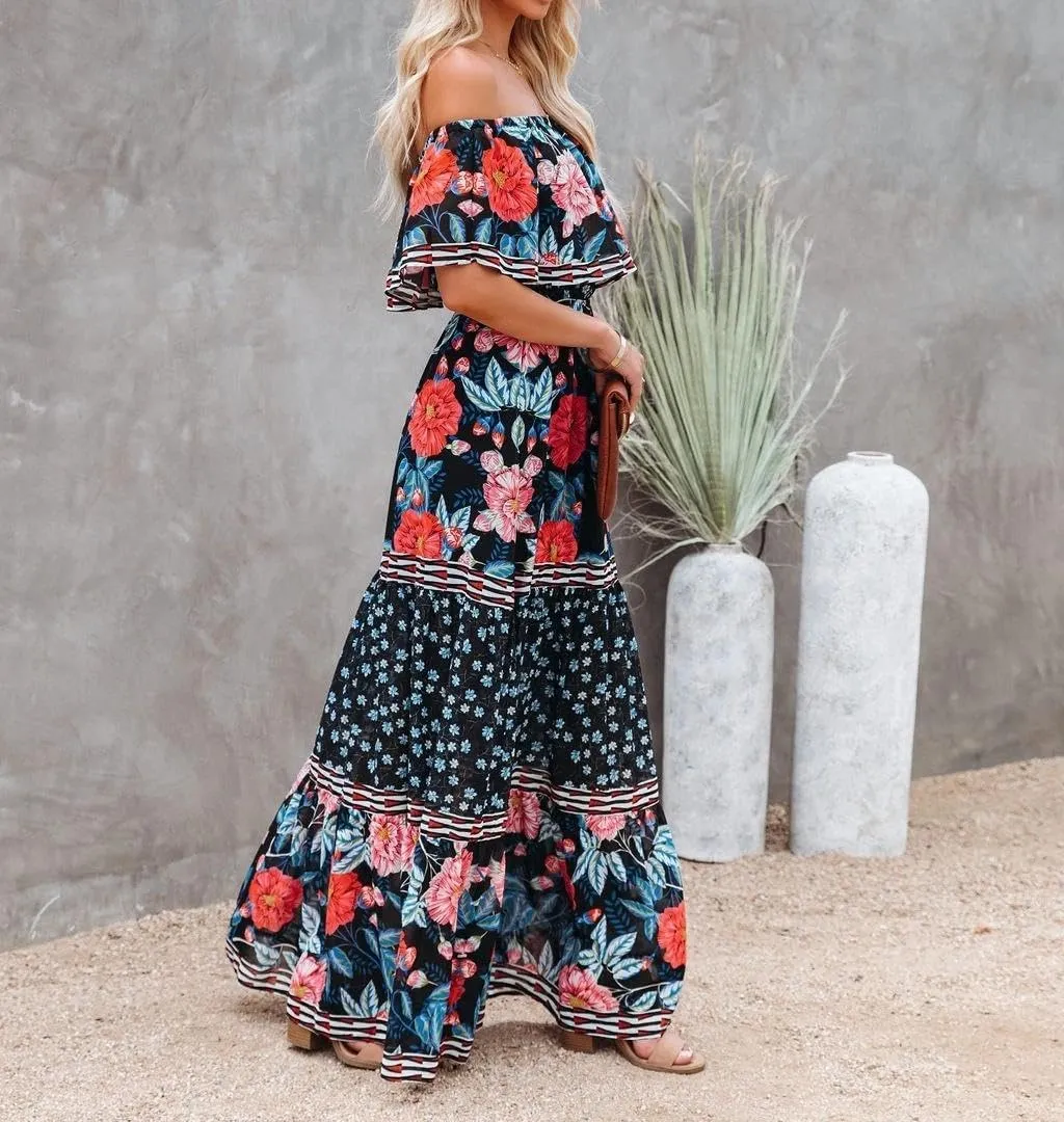 Womens Off Shoulder Boho Floral Maxi Dress 2025 Belted Cinched Waist A-line Dresses Summer Vacation Beach Outfits for Women