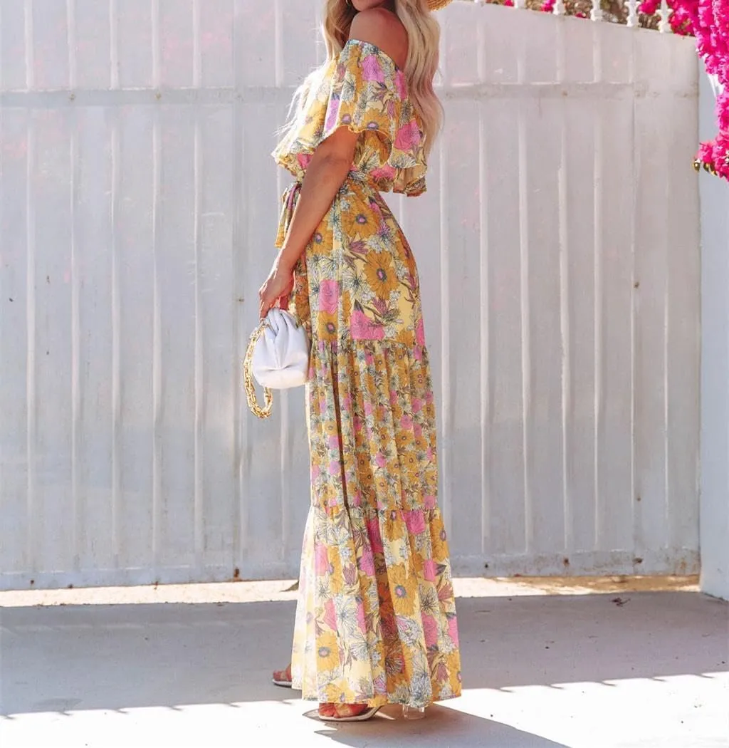 Womens Off Shoulder Boho Floral Maxi Dress 2025 Belted Cinched Waist A-line Dresses Summer Vacation Beach Outfits for Women