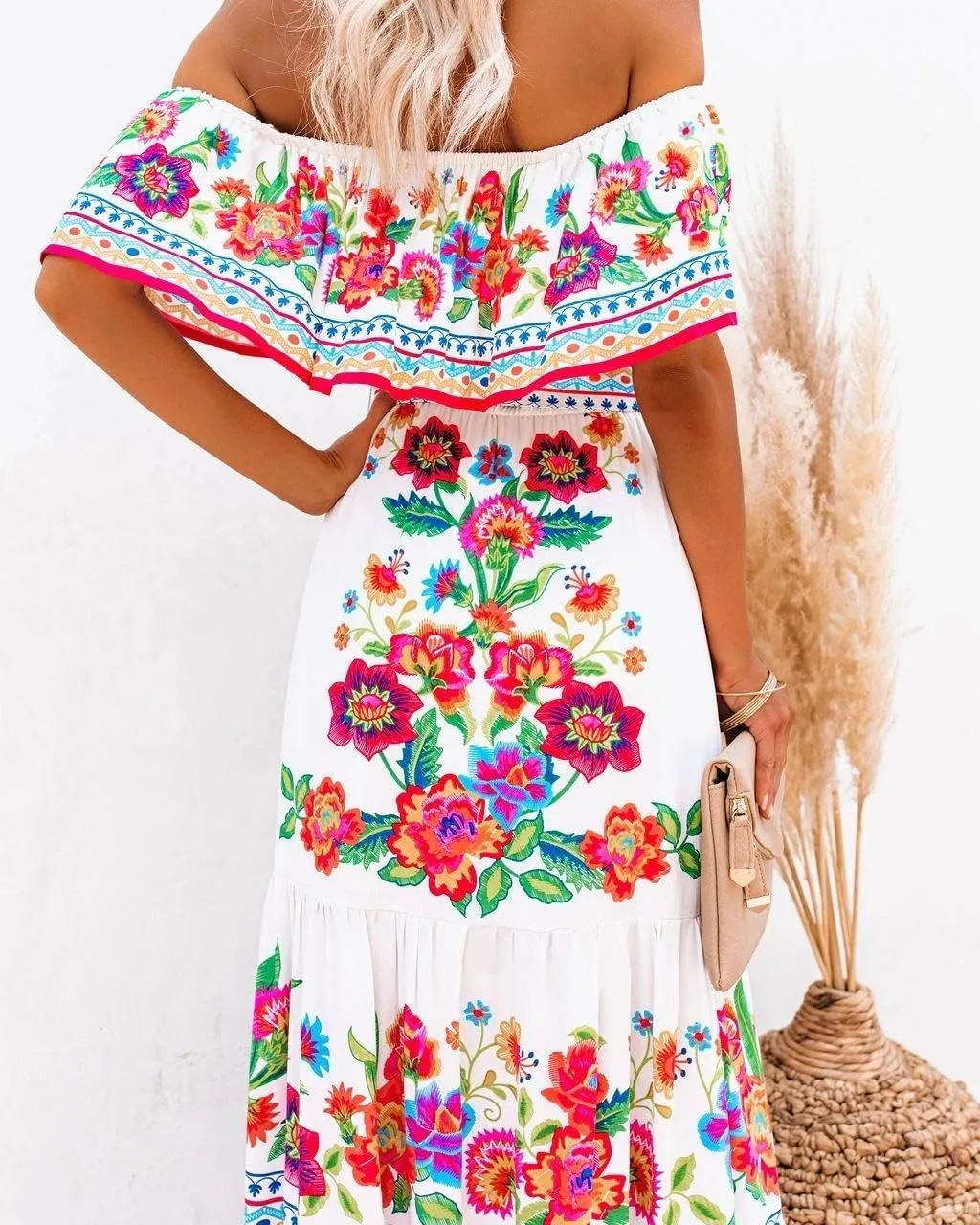 Womens Off Shoulder Boho Floral Maxi Dress 2025 Belted Cinched Waist A-line Dresses Summer Vacation Beach Outfits for Women