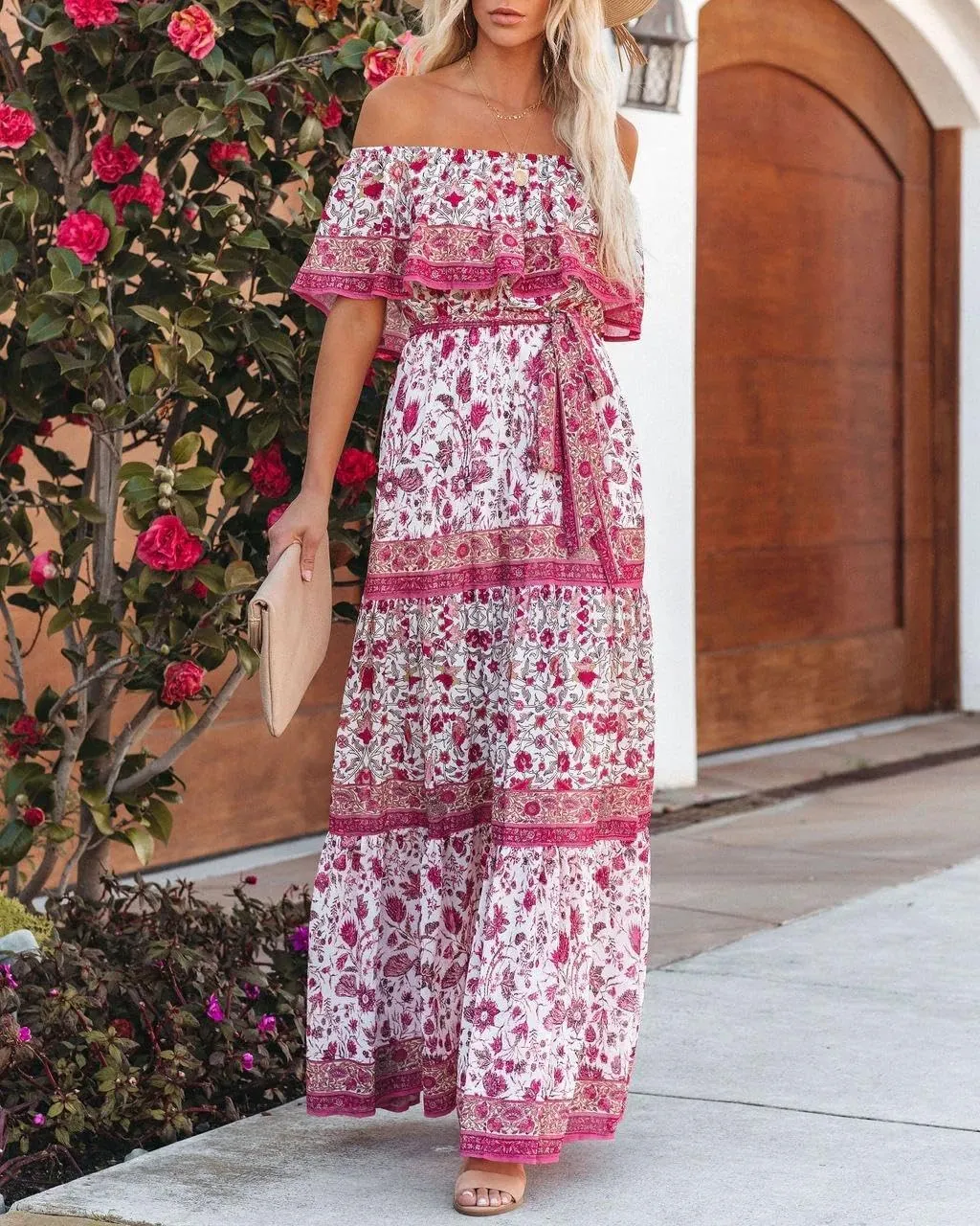 Womens Off Shoulder Boho Floral Maxi Dress 2025 Belted Cinched Waist A-line Dresses Summer Vacation Beach Outfits for Women