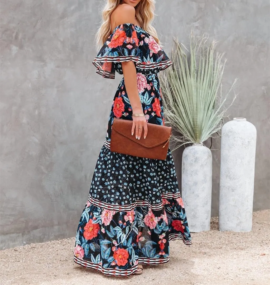 Womens Off Shoulder Boho Floral Maxi Dress 2025 Belted Cinched Waist A-line Dresses Summer Vacation Beach Outfits for Women