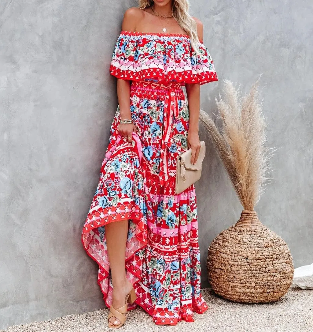 Womens Off Shoulder Boho Floral Maxi Dress 2025 Belted Cinched Waist A-line Dresses Summer Vacation Beach Outfits for Women