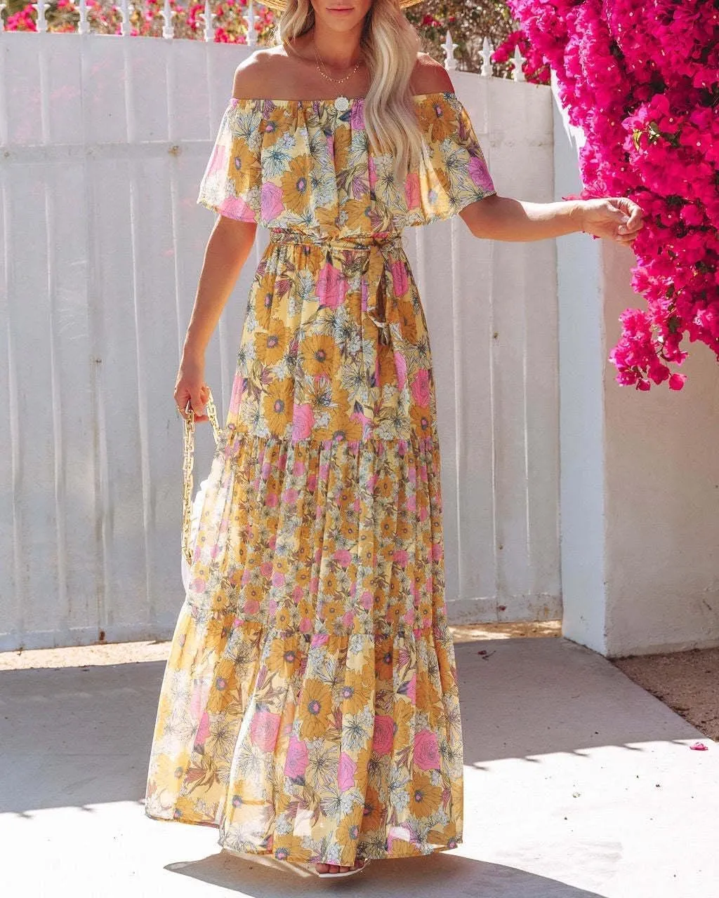 Womens Off Shoulder Boho Floral Maxi Dress 2025 Belted Cinched Waist A-line Dresses Summer Vacation Beach Outfits for Women