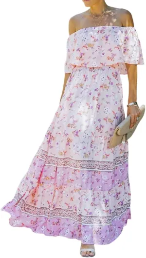 Womens Off Shoulder Boho Floral Maxi Dress 2025 Belted Cinched Waist A-line Dresses Summer Vacation Beach Outfits for Women