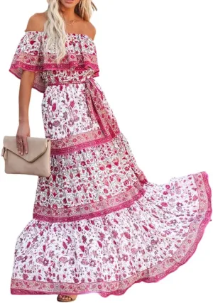 Womens Off Shoulder Boho Floral Maxi Dress 2025 Belted Cinched Waist A-line Dresses Summer Vacation Beach Outfits for Women