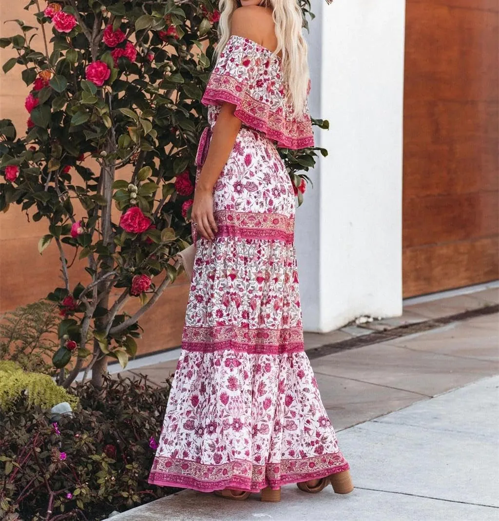 Womens Off Shoulder Boho Floral Maxi Dress 2025 Belted Cinched Waist A-line Dresses Summer Vacation Beach Outfits for Women