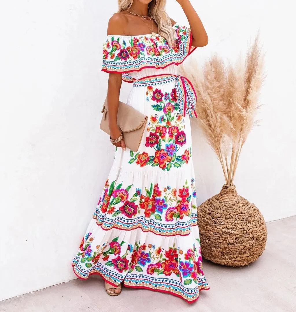 Womens Off Shoulder Boho Floral Maxi Dress 2025 Belted Cinched Waist A-line Dresses Summer Vacation Beach Outfits for Women