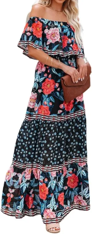 Womens Off Shoulder Boho Floral Maxi Dress 2025 Belted Cinched Waist A-line Dresses Summer Vacation Beach Outfits for Women