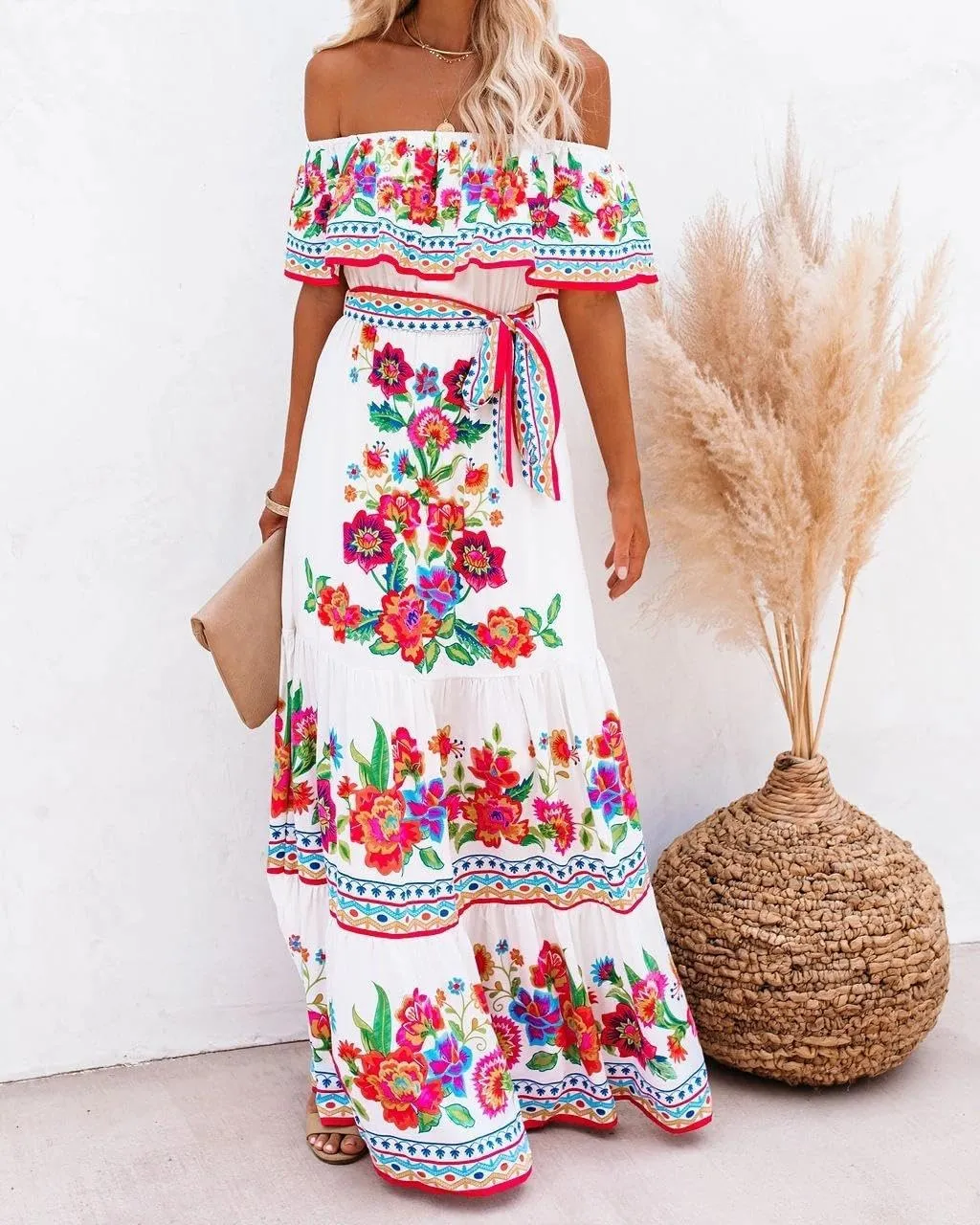 Womens Off Shoulder Boho Floral Maxi Dress 2025 Belted Cinched Waist A-line Dresses Summer Vacation Beach Outfits for Women