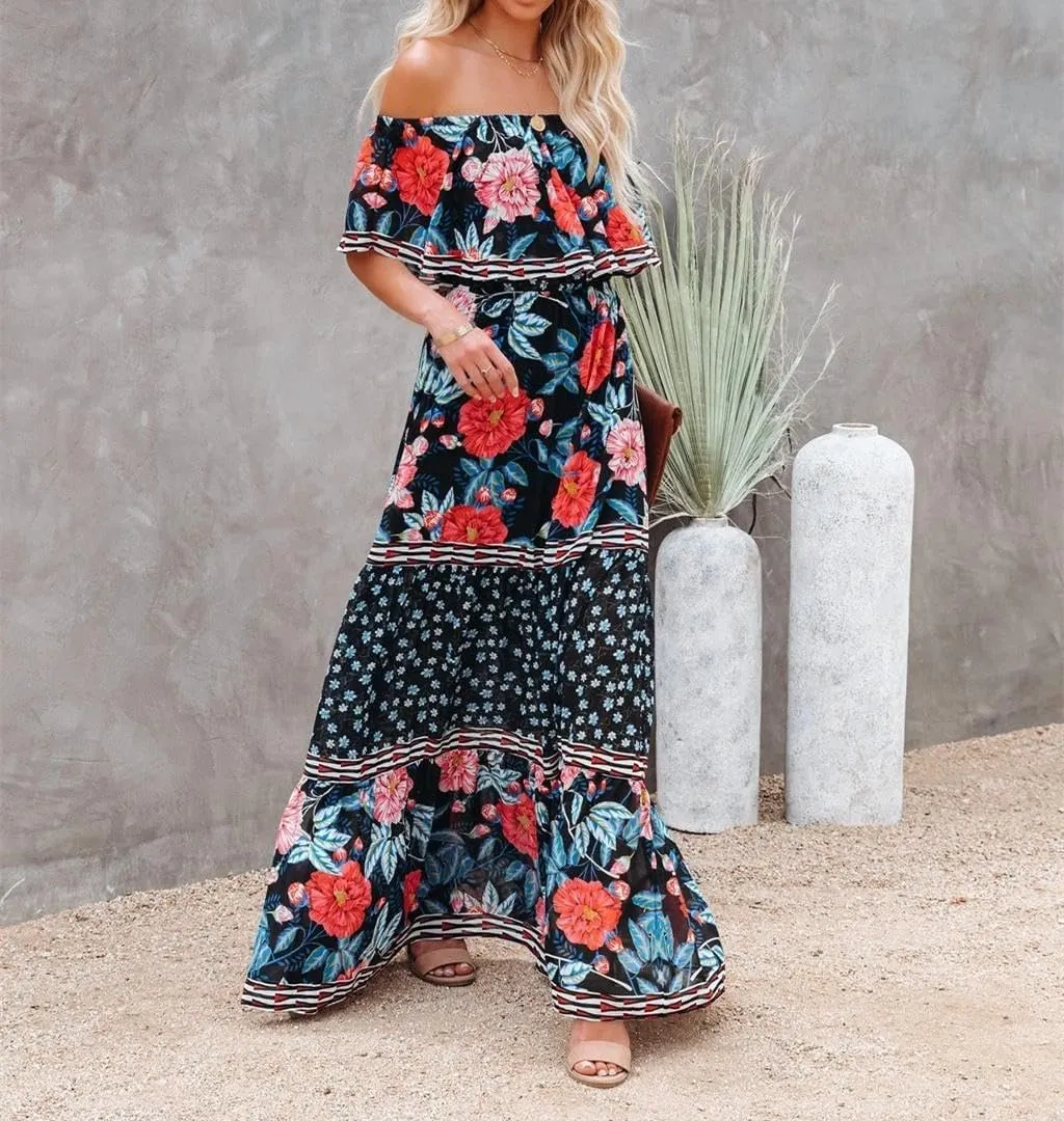 Womens Off Shoulder Boho Floral Maxi Dress 2025 Belted Cinched Waist A-line Dresses Summer Vacation Beach Outfits for Women