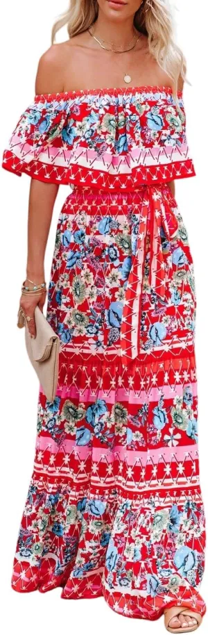 Womens Off Shoulder Boho Floral Maxi Dress 2025 Belted Cinched Waist A-line Dresses Summer Vacation Beach Outfits for Women