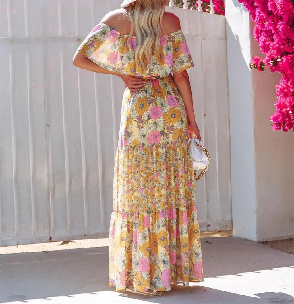 Womens Off Shoulder Boho Floral Maxi Dress 2025 Belted Cinched Waist A-line Dresses Summer Vacation Beach Outfits for Women