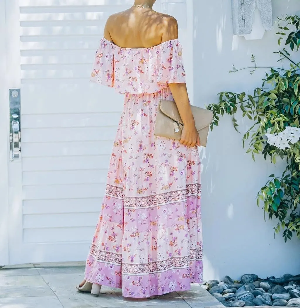 Womens Off Shoulder Boho Floral Maxi Dress 2025 Belted Cinched Waist A-line Dresses Summer Vacation Beach Outfits for Women