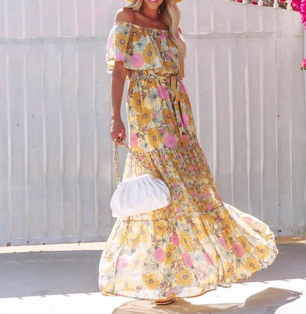 Womens Off Shoulder Boho Floral Maxi Dress 2025 Belted Cinched Waist A-line Dresses Summer Vacation Beach Outfits for Women