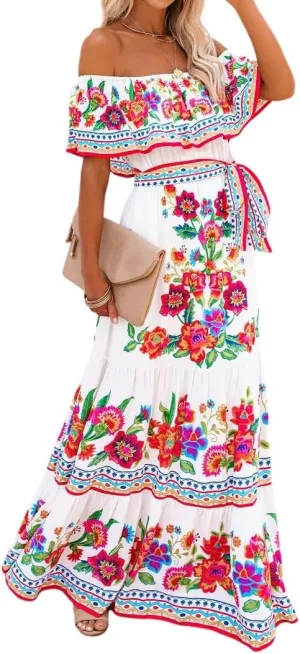 Womens Off Shoulder Boho Floral Maxi Dress 2025 Belted Cinched Waist A-line Dresses Summer Vacation Beach Outfits for Women