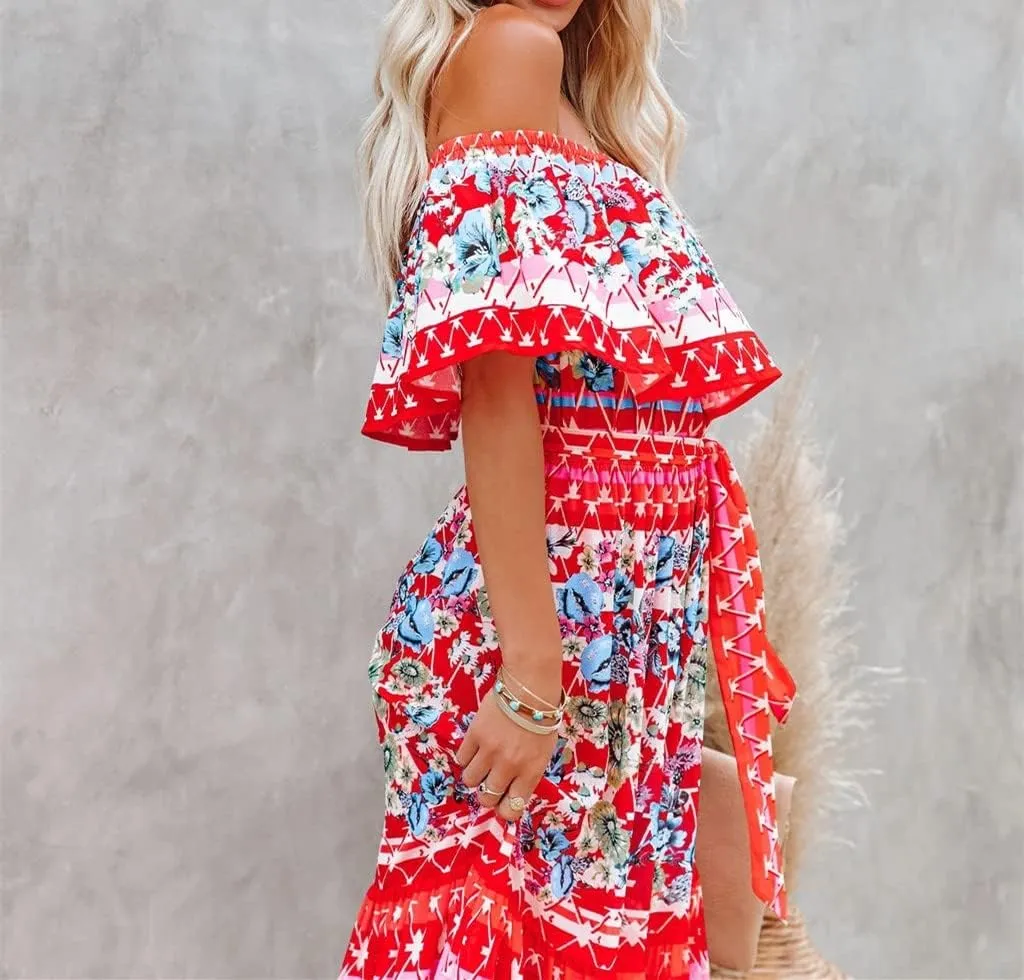Womens Off Shoulder Boho Floral Maxi Dress 2025 Belted Cinched Waist A-line Dresses Summer Vacation Beach Outfits for Women