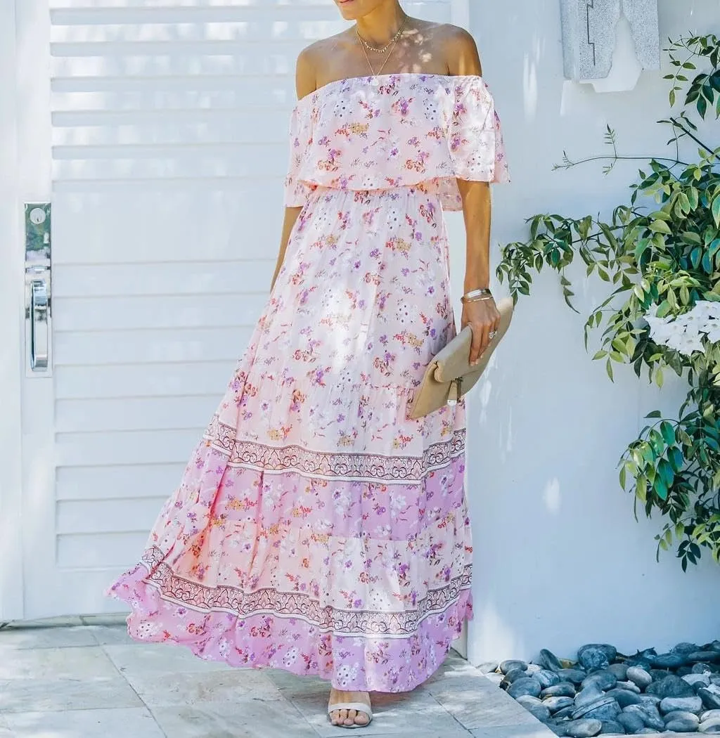 Womens Off Shoulder Boho Floral Maxi Dress 2025 Belted Cinched Waist A-line Dresses Summer Vacation Beach Outfits for Women