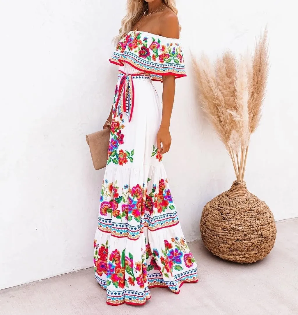 Womens Off Shoulder Boho Floral Maxi Dress 2025 Belted Cinched Waist A-line Dresses Summer Vacation Beach Outfits for Women