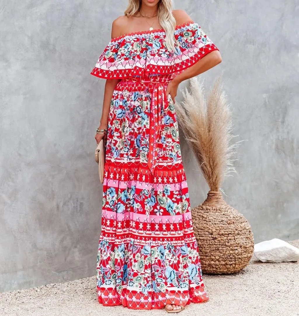 Womens Off Shoulder Boho Floral Maxi Dress 2025 Belted Cinched Waist A-line Dresses Summer Vacation Beach Outfits for Women