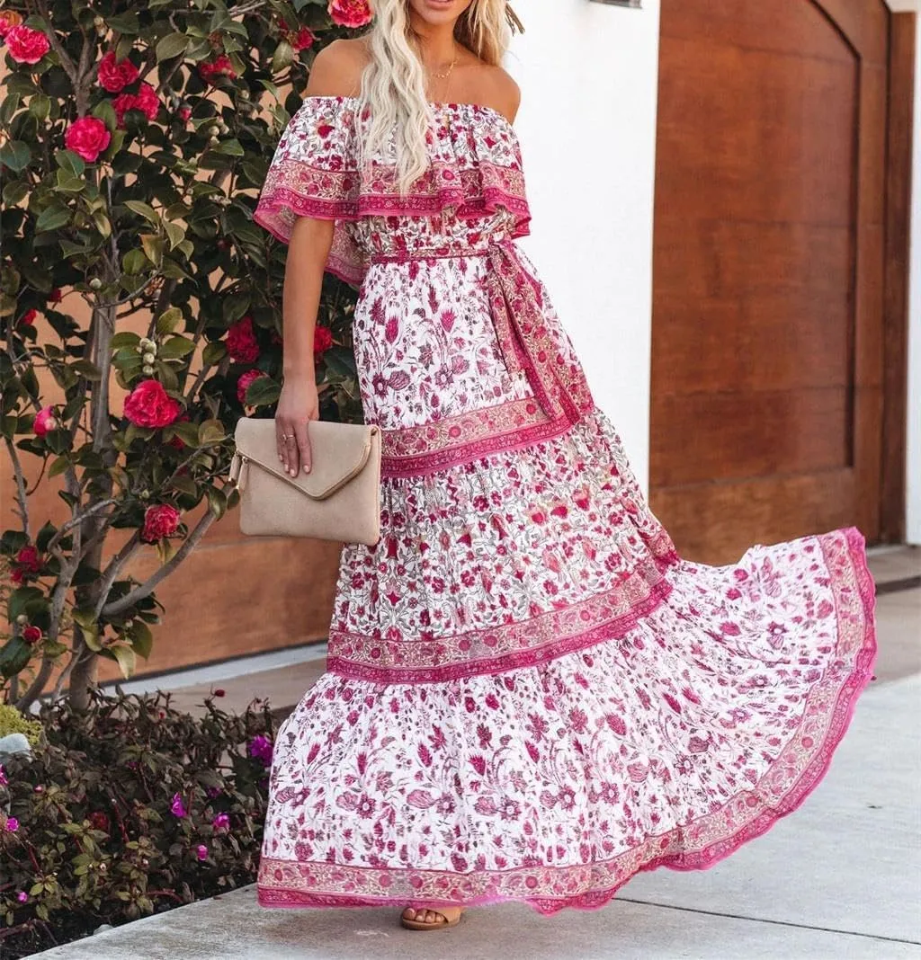 Womens Off Shoulder Boho Floral Maxi Dress 2025 Belted Cinched Waist A-line Dresses Summer Vacation Beach Outfits for Women