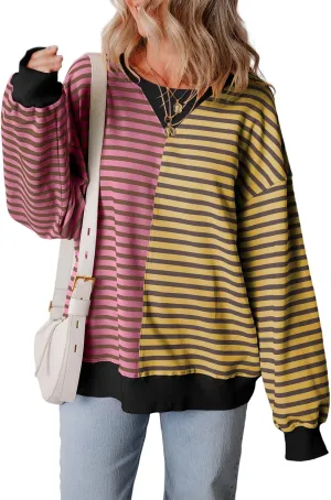 Womens Oversized Sweatshirts Striped Color Block Crewneck Sweatshirt Long Sleeve Casual Pullover Y2K Fall Top