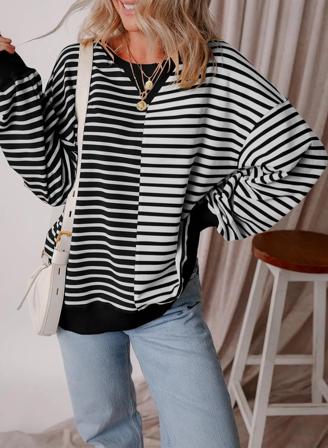 Womens Oversized Sweatshirts Striped Color Block Crewneck Sweatshirt Long Sleeve Casual Pullover Y2K Fall Top