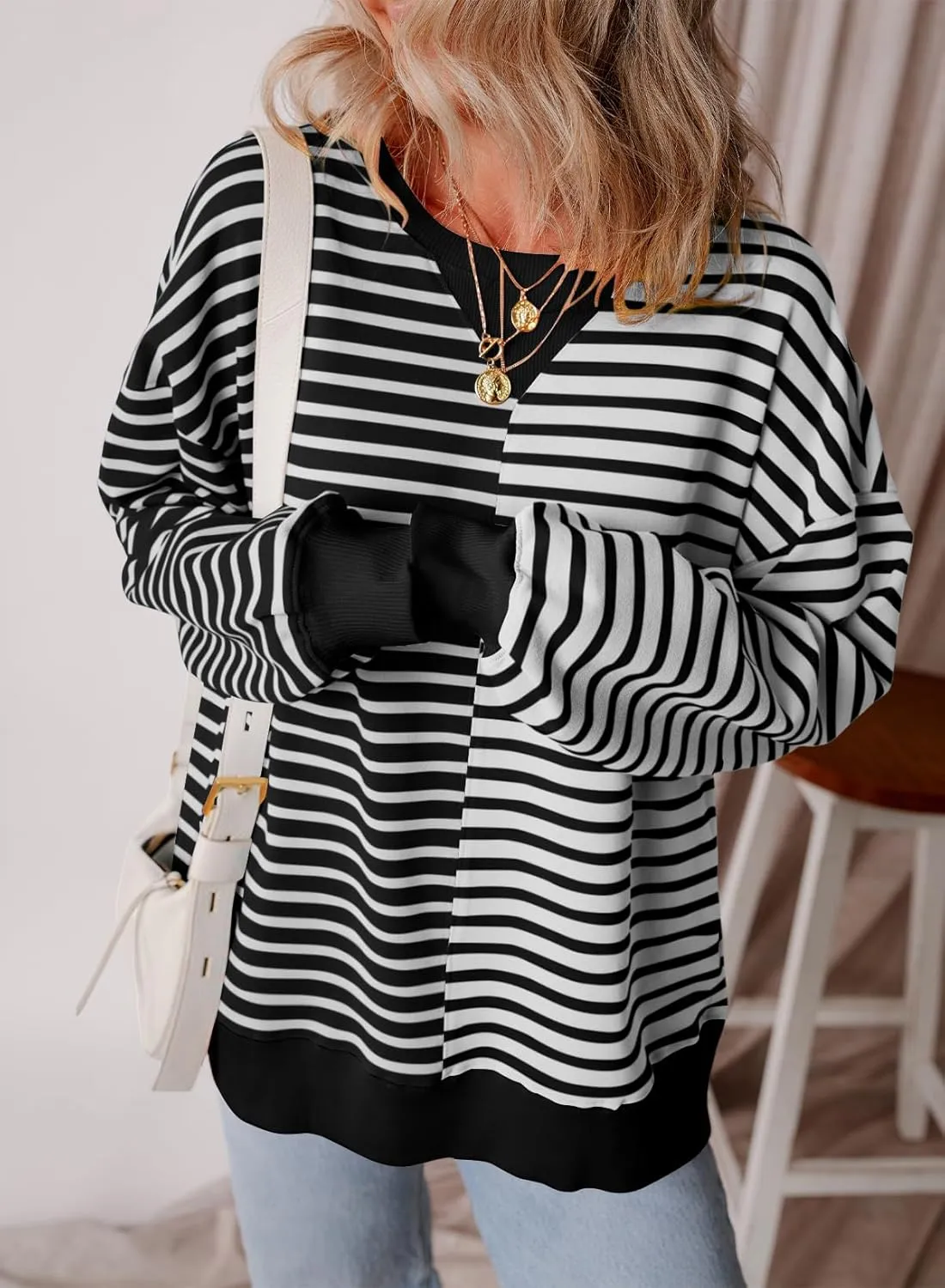 Womens Oversized Sweatshirts Striped Color Block Crewneck Sweatshirt Long Sleeve Casual Pullover Y2K Fall Top