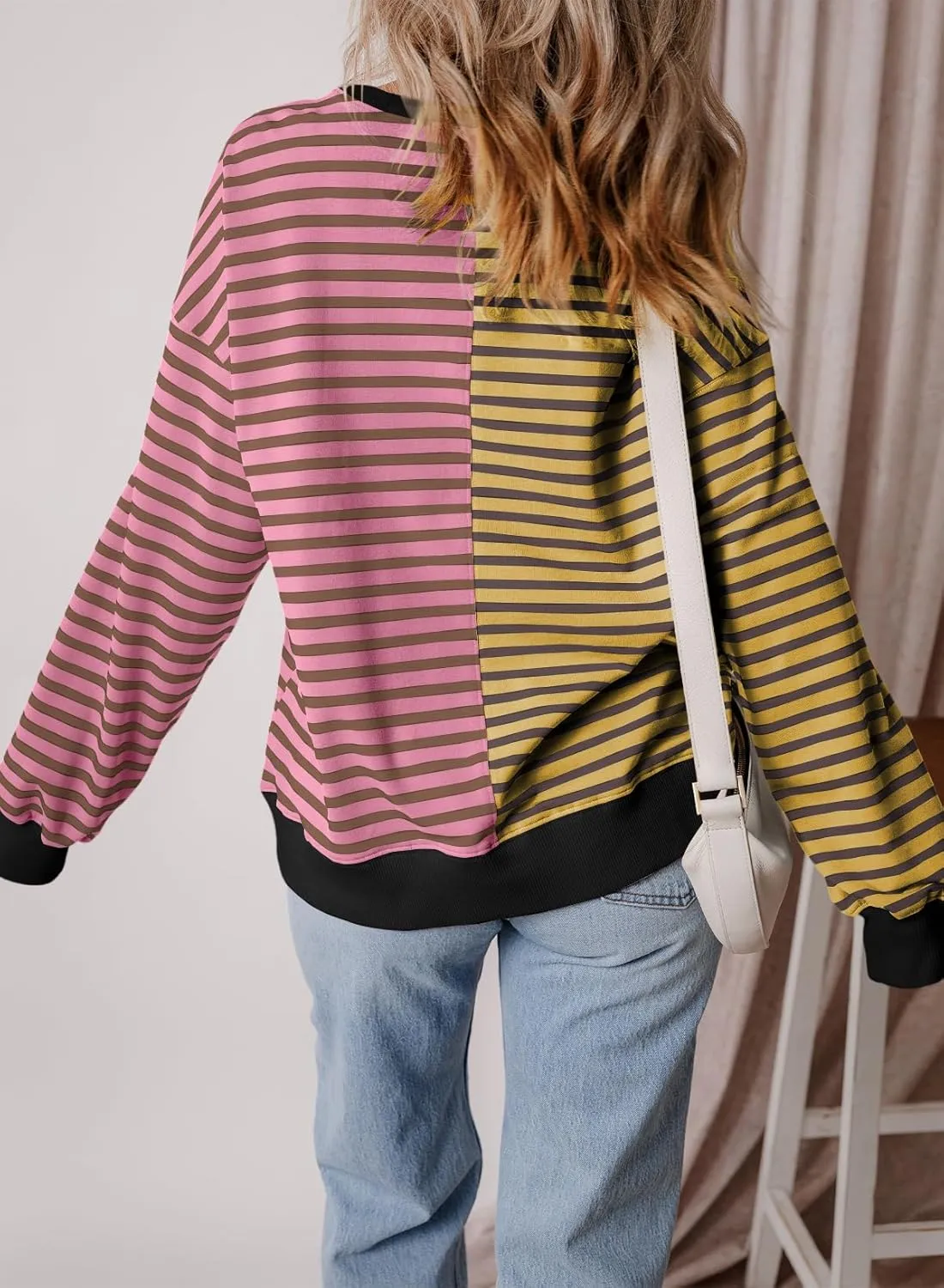 Womens Oversized Sweatshirts Striped Color Block Crewneck Sweatshirt Long Sleeve Casual Pullover Y2K Fall Top