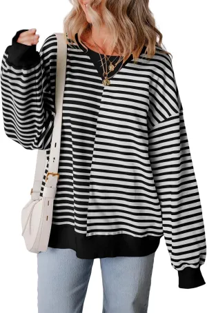 Womens Oversized Sweatshirts Striped Color Block Crewneck Sweatshirt Long Sleeve Casual Pullover Y2K Fall Top