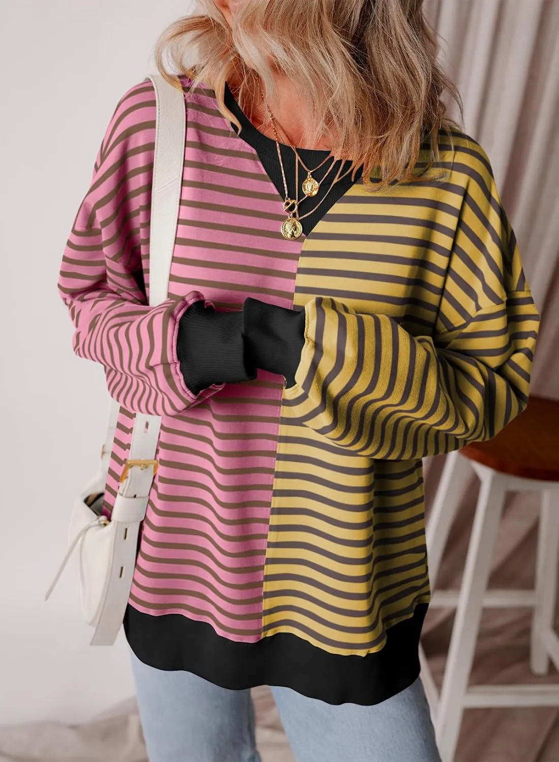 Womens Oversized Sweatshirts Striped Color Block Crewneck Sweatshirt Long Sleeve Casual Pullover Y2K Fall Top