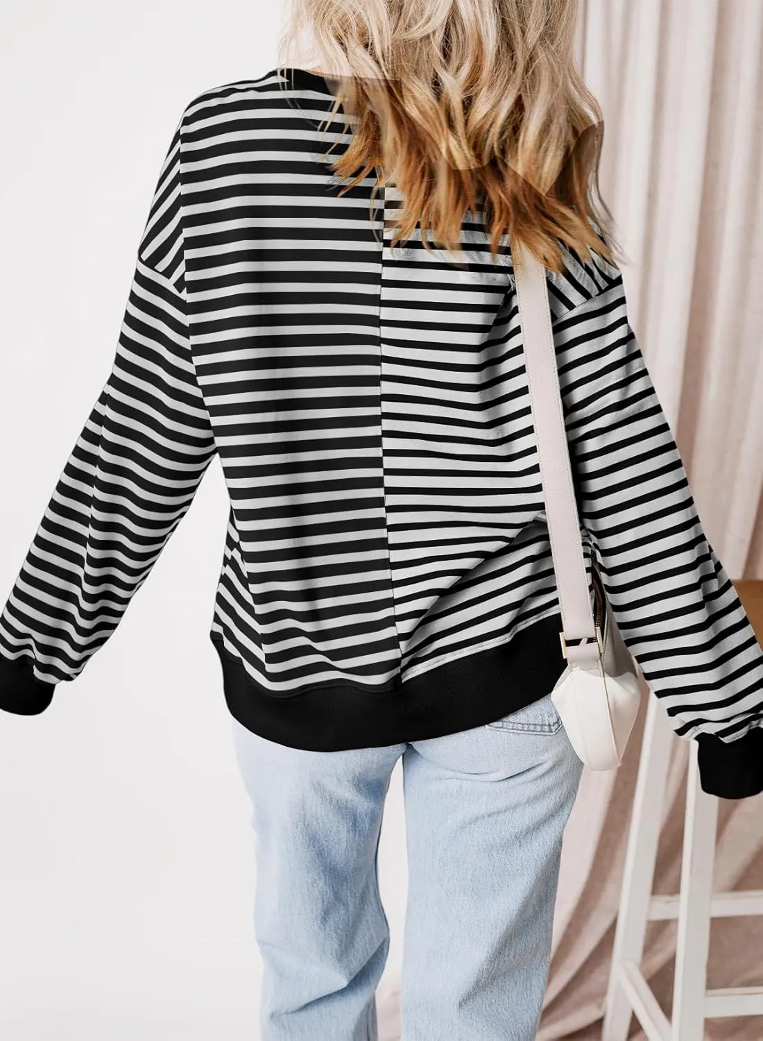 Womens Oversized Sweatshirts Striped Color Block Crewneck Sweatshirt Long Sleeve Casual Pullover Y2K Fall Top