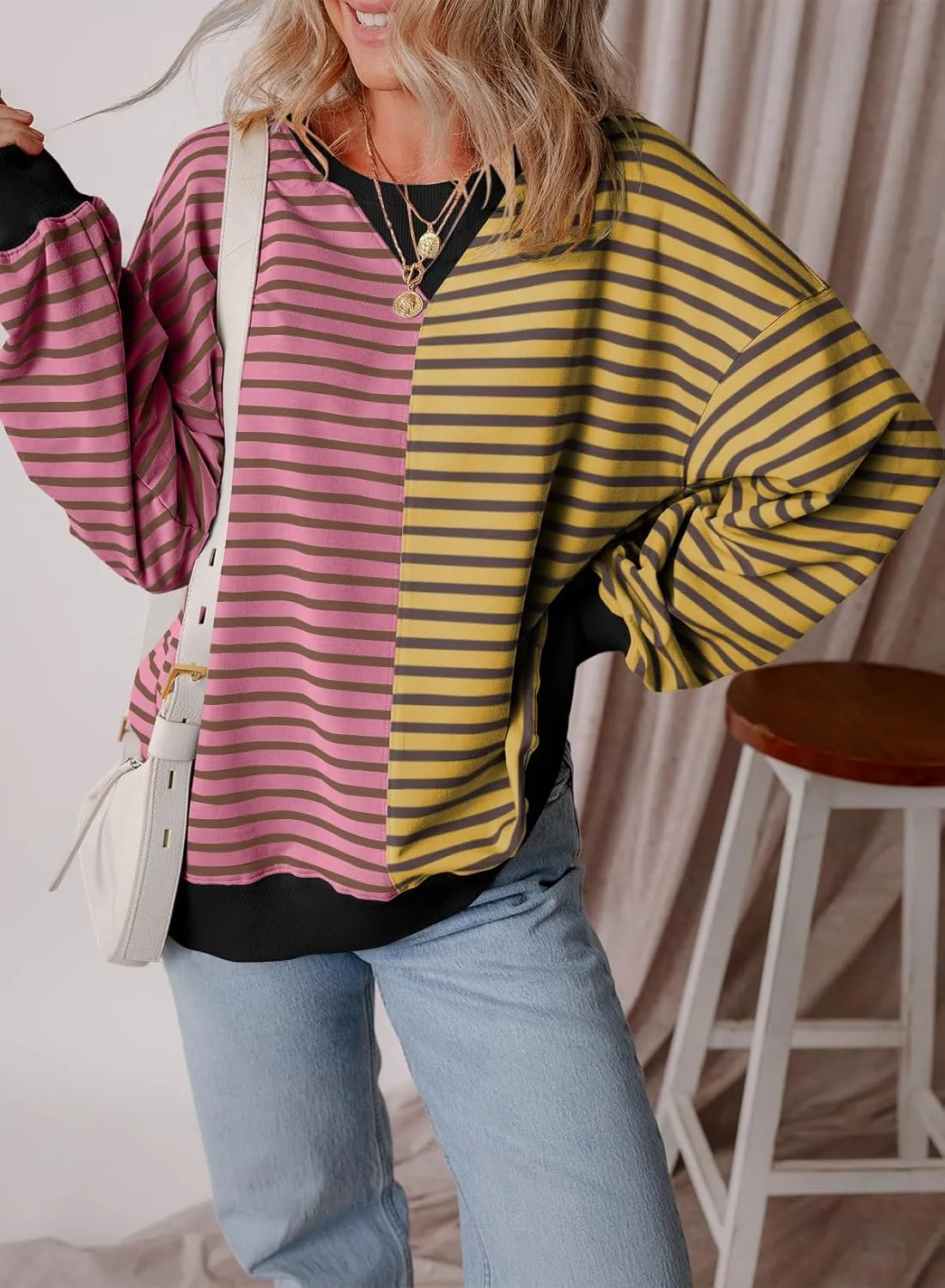Womens Oversized Sweatshirts Striped Color Block Crewneck Sweatshirt Long Sleeve Casual Pullover Y2K Fall Top