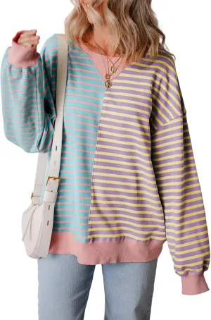 Womens Oversized Sweatshirts Striped Color Block Crewneck Sweatshirt Long Sleeve Casual Pullover Y2K Fall Top