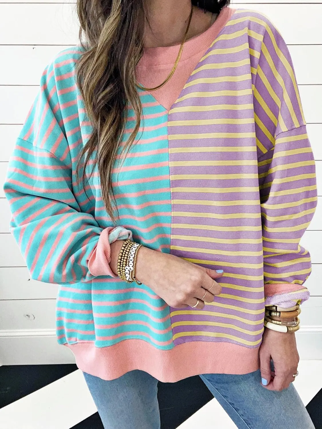 Womens Oversized Sweatshirts Striped Color Block Crewneck Sweatshirt Long Sleeve Casual Pullover Y2K Fall Top