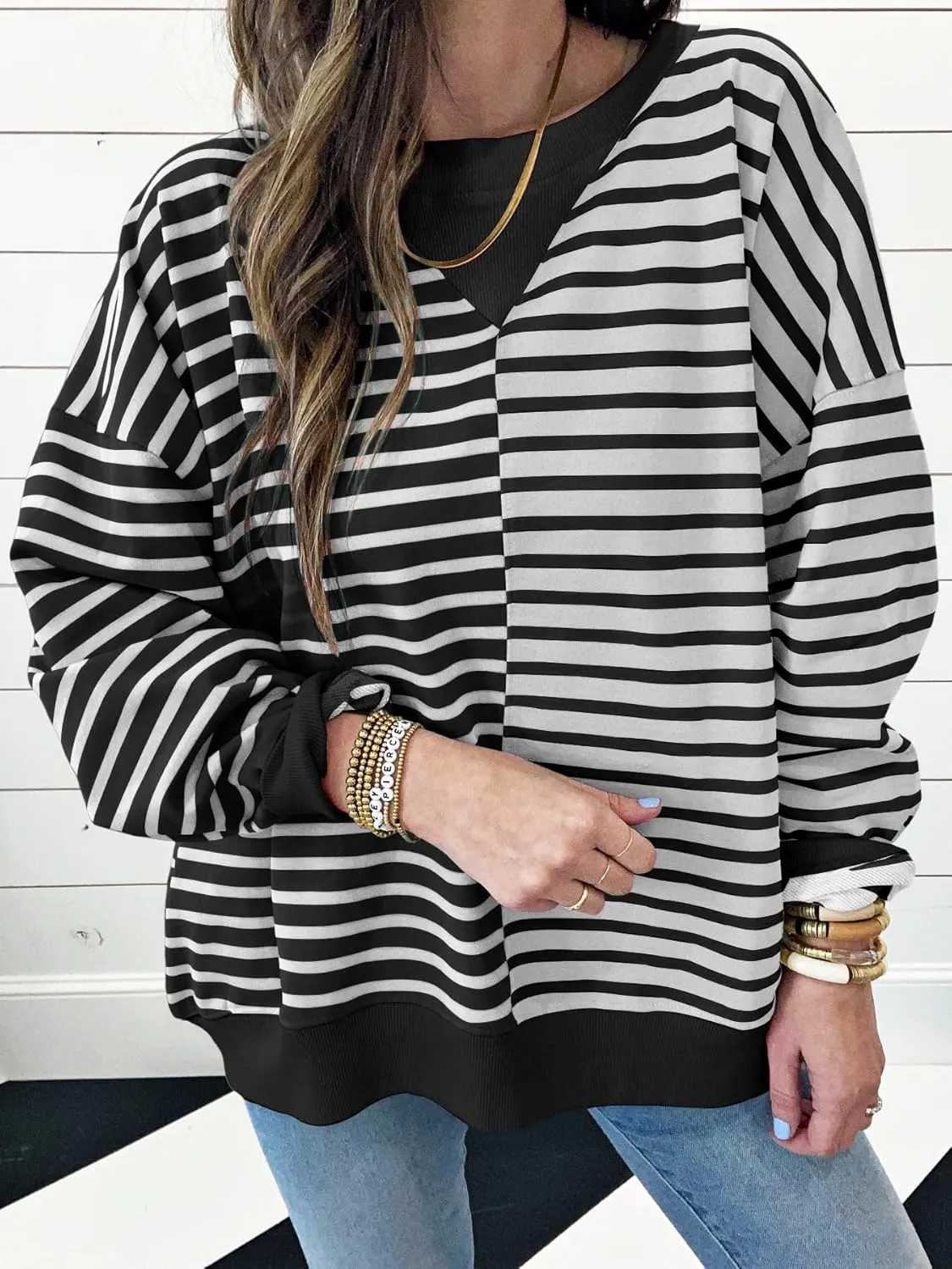 Womens Oversized Sweatshirts Striped Color Block Crewneck Sweatshirt Long Sleeve Casual Pullover Y2K Fall Top