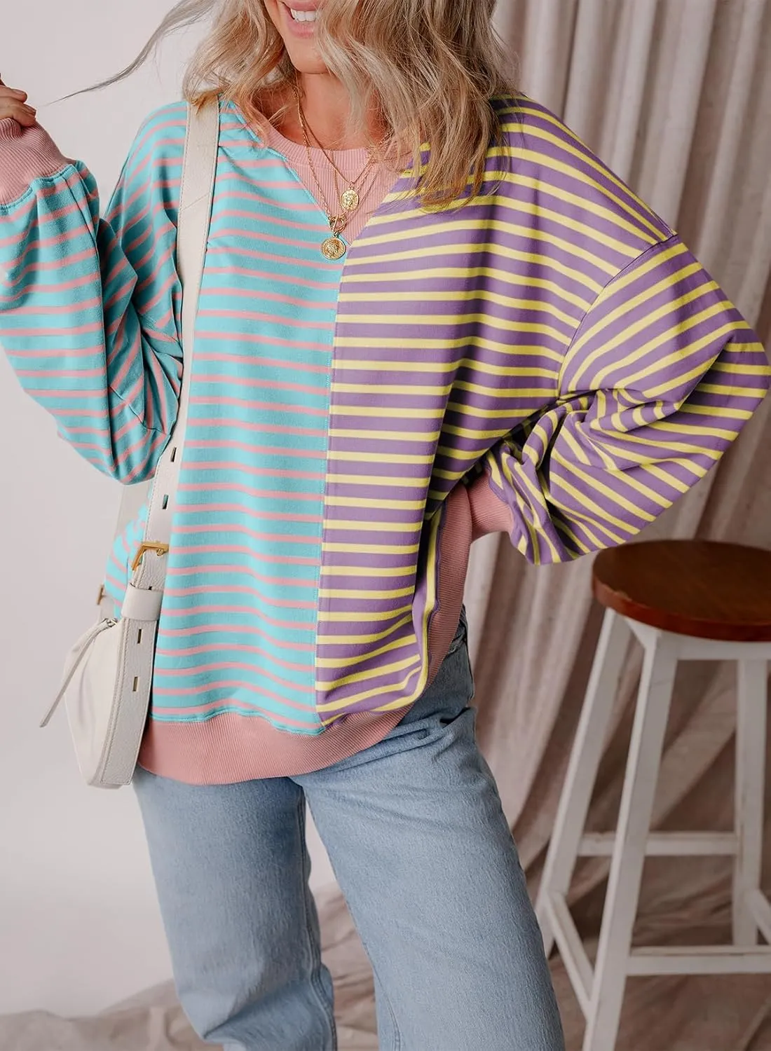 Womens Oversized Sweatshirts Striped Color Block Crewneck Sweatshirt Long Sleeve Casual Pullover Y2K Fall Top