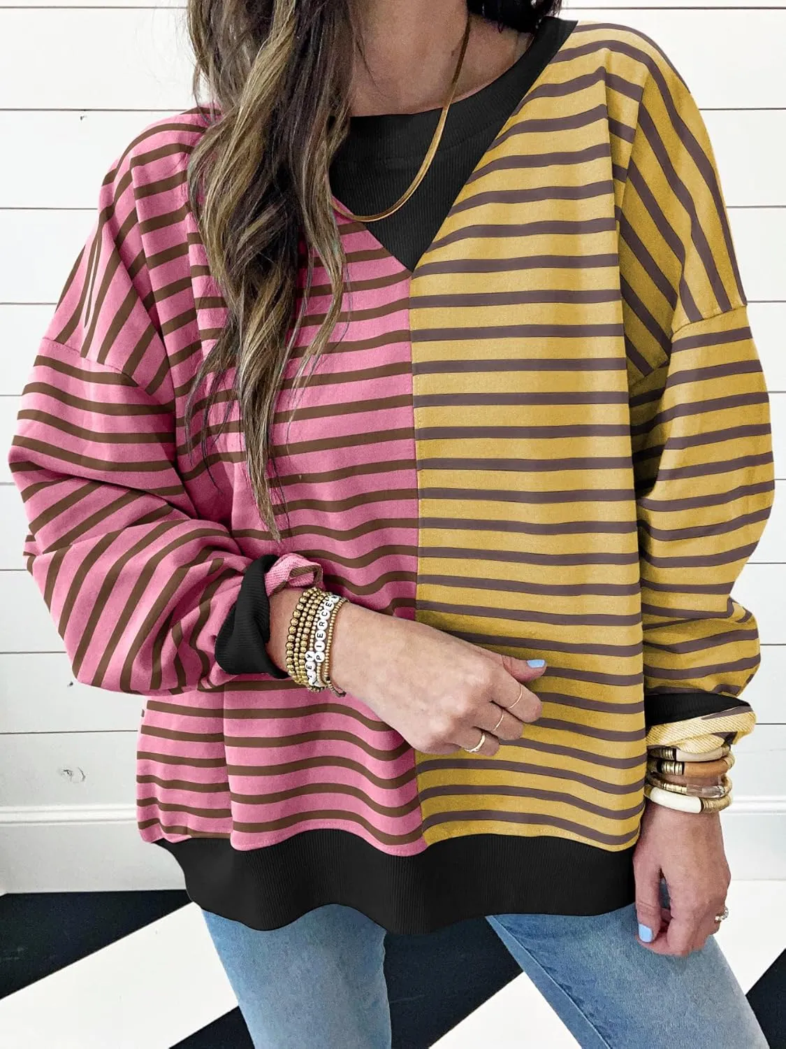 Womens Oversized Sweatshirts Striped Color Block Crewneck Sweatshirt Long Sleeve Casual Pullover Y2K Fall Top