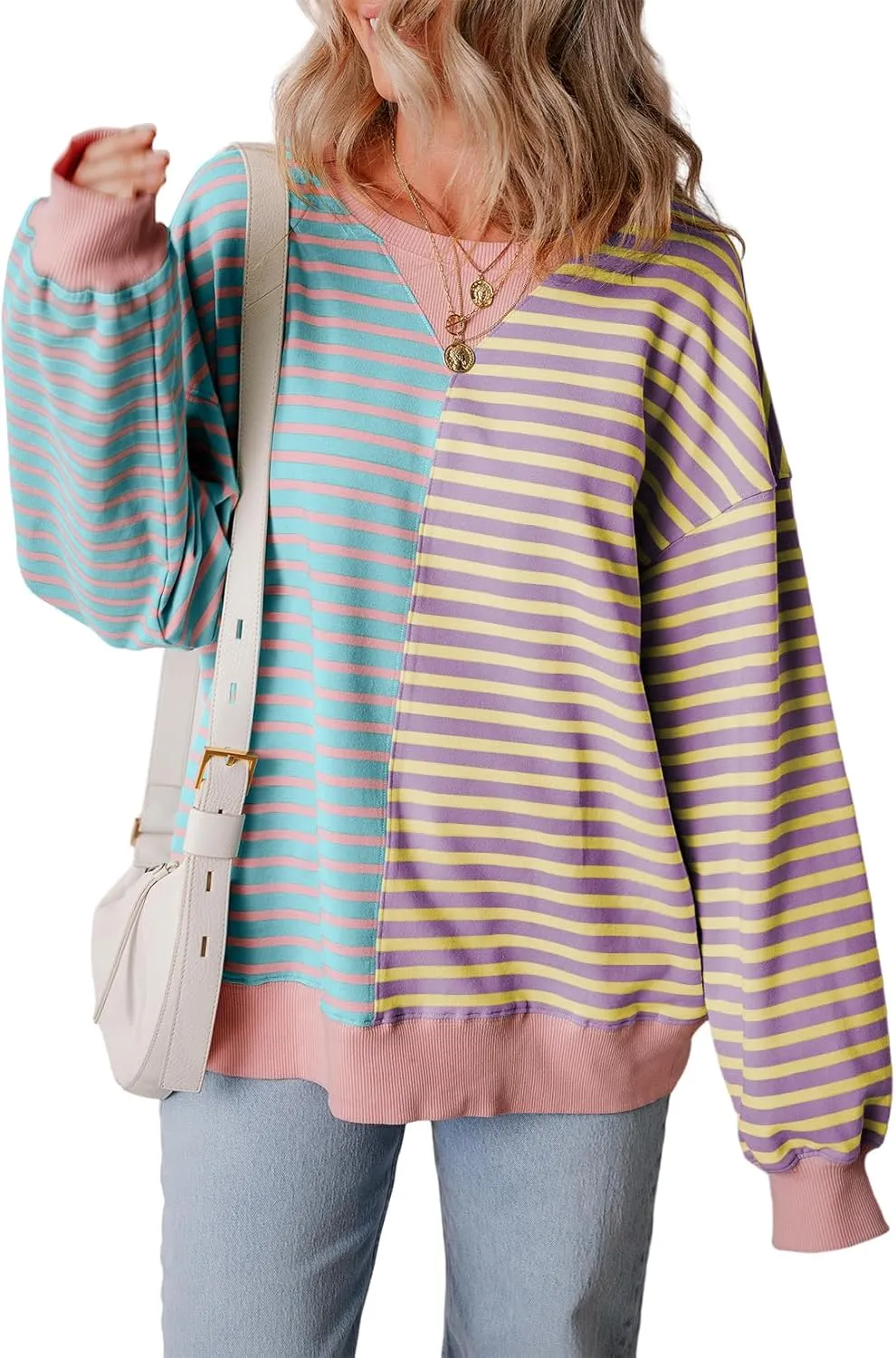 Womens Oversized Sweatshirts Striped Color Block Crewneck Sweatshirt Long Sleeve Casual Pullover Y2K Fall Top