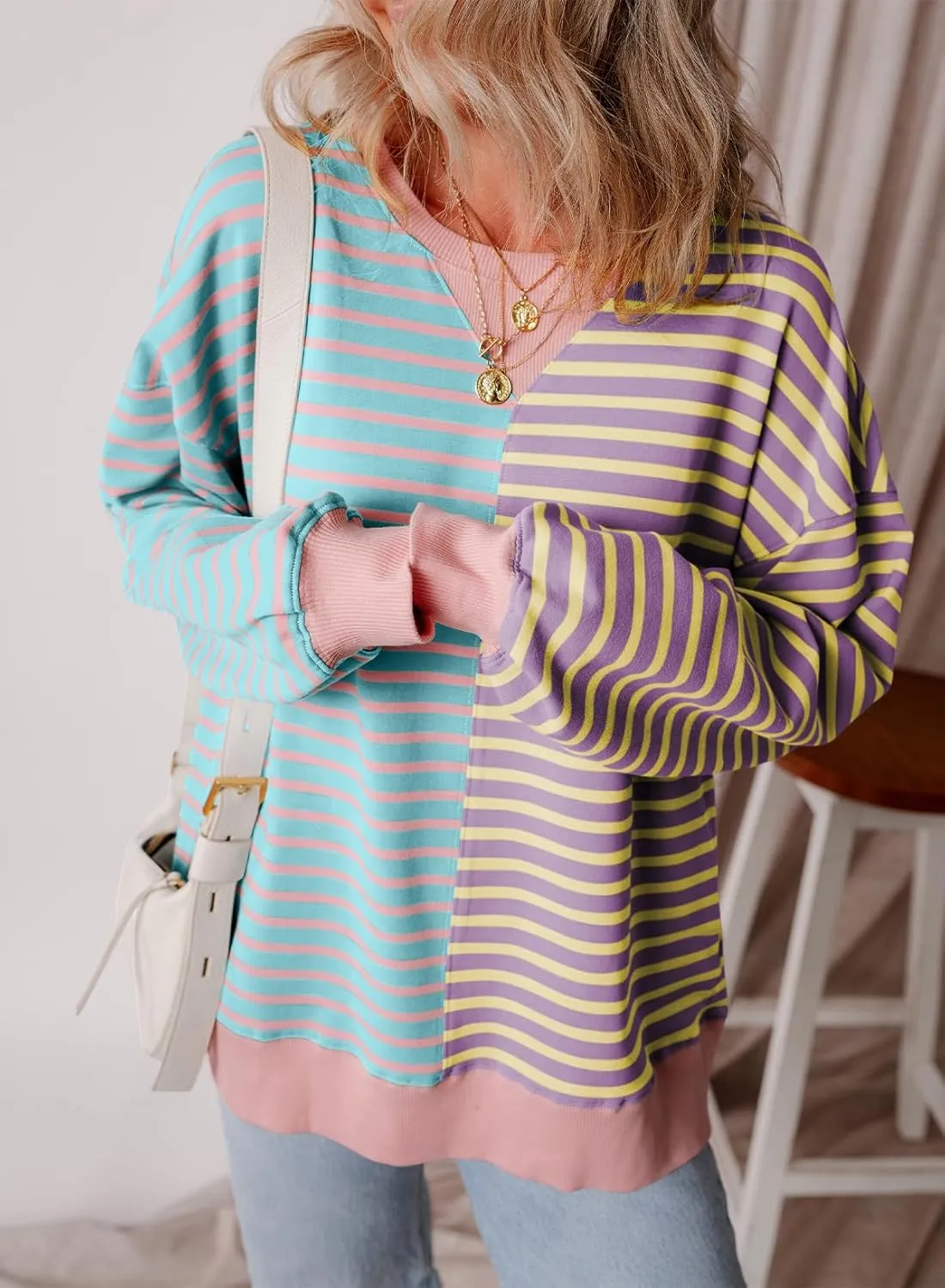 Womens Oversized Sweatshirts Striped Color Block Crewneck Sweatshirt Long Sleeve Casual Pullover Y2K Fall Top