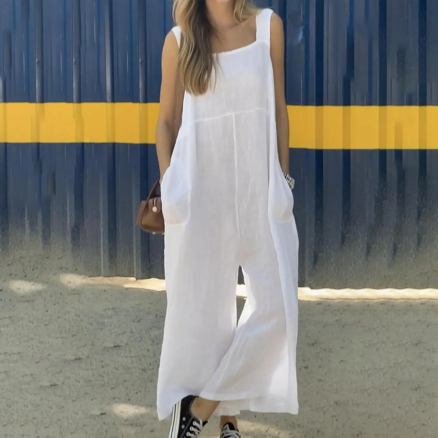 Women's Patchwork Dual Pocket Jumpsuit Loose Bohemian Wide Leg Bib Overall Elegant Relaxed Outfits
