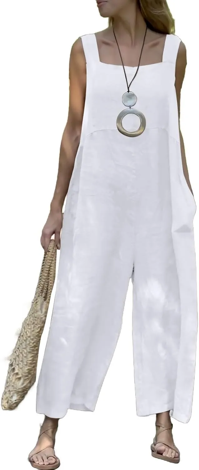 Women's Patchwork Dual Pocket Jumpsuit Loose Bohemian Wide Leg Bib Overall Elegant Relaxed Outfits