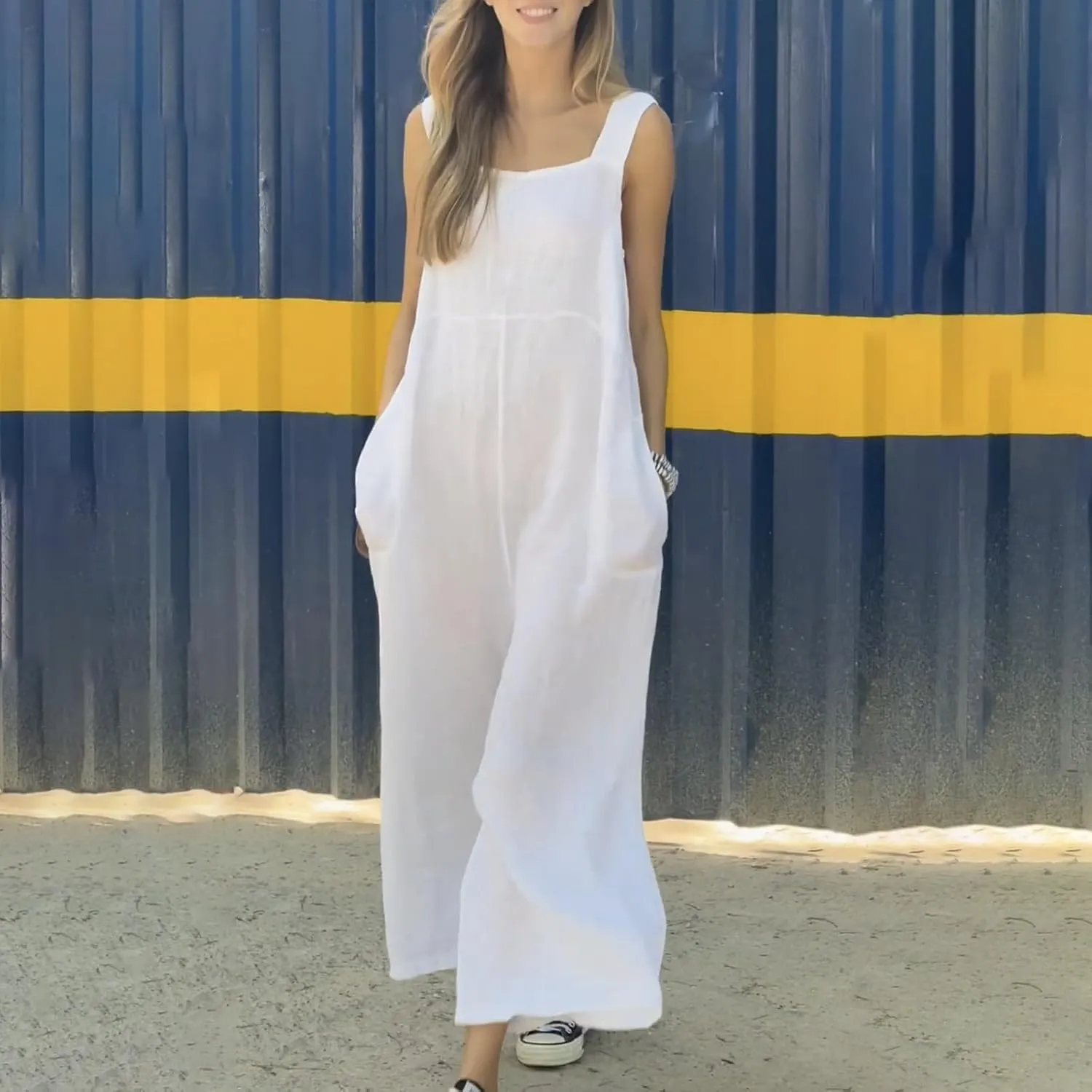 Women's Patchwork Dual Pocket Jumpsuit Loose Bohemian Wide Leg Bib Overall Elegant Relaxed Outfits