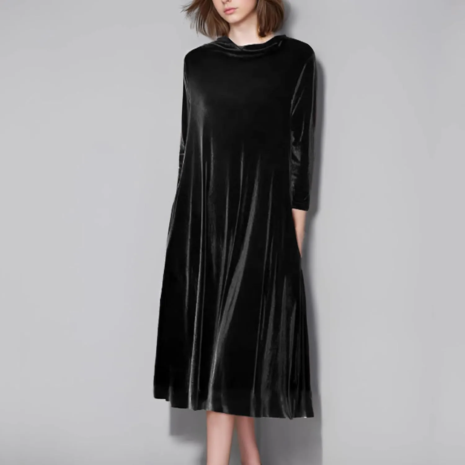 Womens Plus Size Velvet Dress Dressy Elegant Luxury Party Club Long Sleeve Round Neck Wedding Guest Midi Dresses