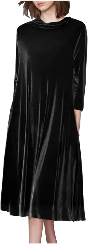 Womens Plus Size Velvet Dress Dressy Elegant Luxury Party Club Long Sleeve Round Neck Wedding Guest Midi Dresses