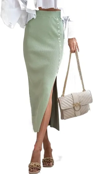 Women's Ribbed Knit Split Stretchy Pencil Bodycon Midi Skirt Elegant Slim High Waist Long Maxi Skirt