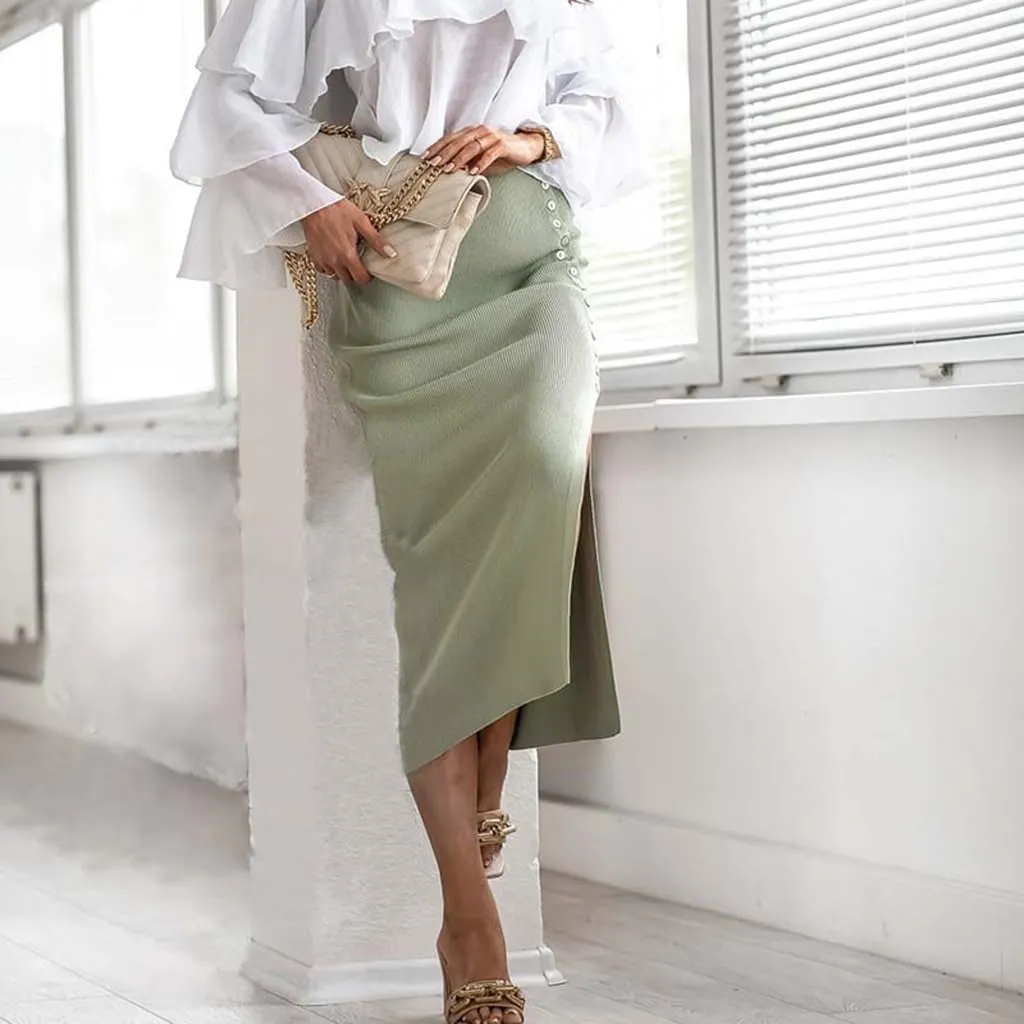 Women's Ribbed Knit Split Stretchy Pencil Bodycon Midi Skirt Elegant Slim High Waist Long Maxi Skirt