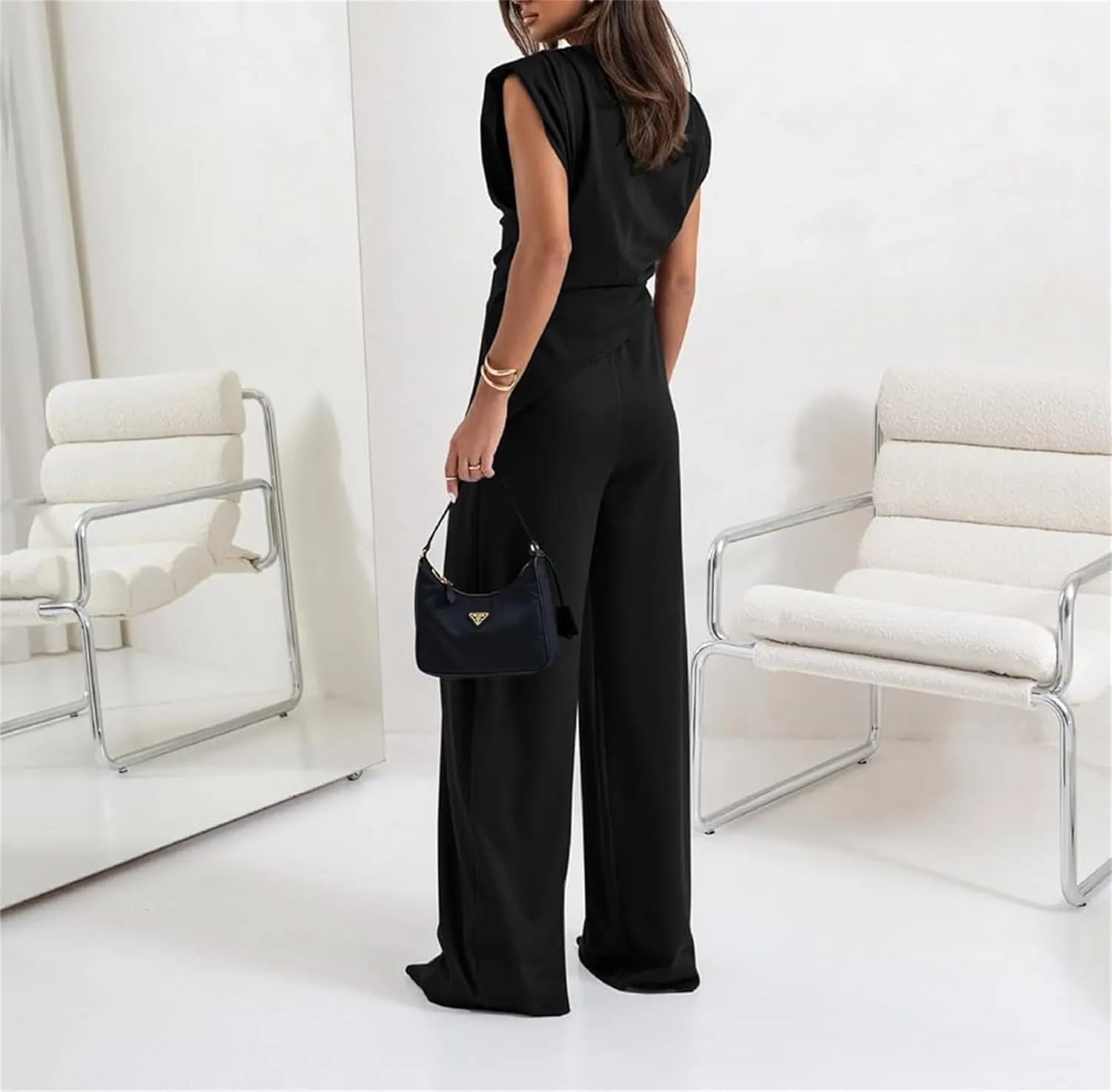 Women's Round Neck Pleated Sleeveless Casual Suit Solid Color Irregular Top and High Waist Wide Leg Pants Business Set
