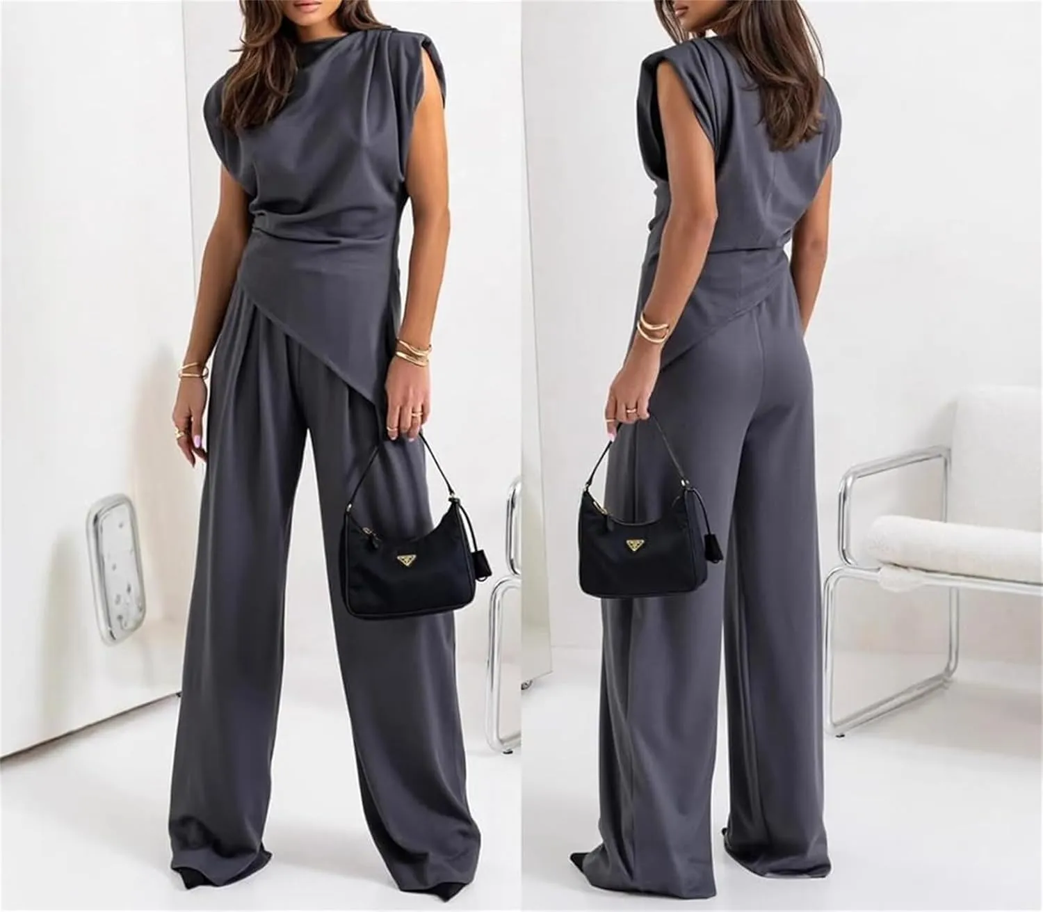 Women's Round Neck Pleated Sleeveless Casual Suit Solid Color Irregular Top and High Waist Wide Leg Pants Business Set